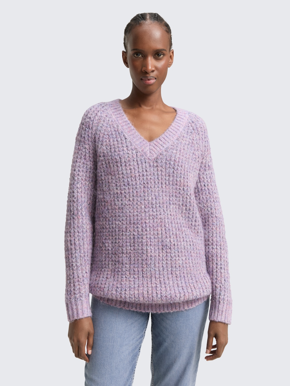 Thumbnail - TOM TAILOR DENIM Damen Longstyle Strickpullover mit Wollanteil, lila, Meliert, Gr. XXL
