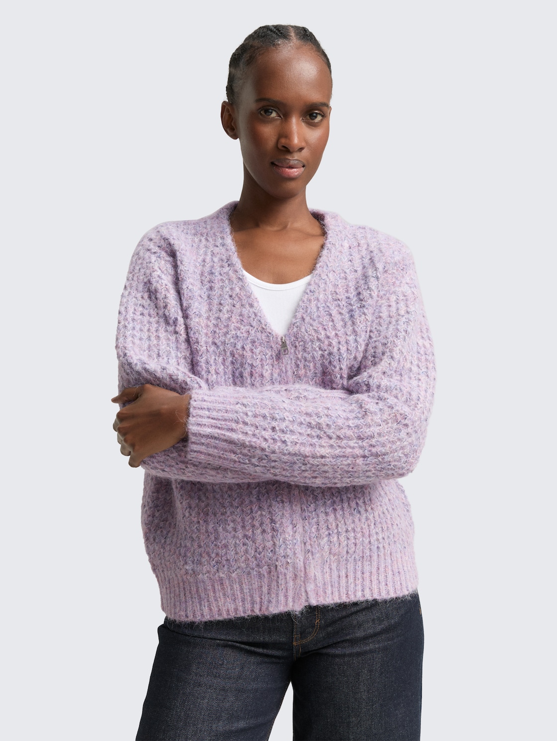 Thumbnail - TOM TAILOR DENIM Damen Relaxed Fit Cardigan mit Wollanteil, lila, Meliert, Gr. S