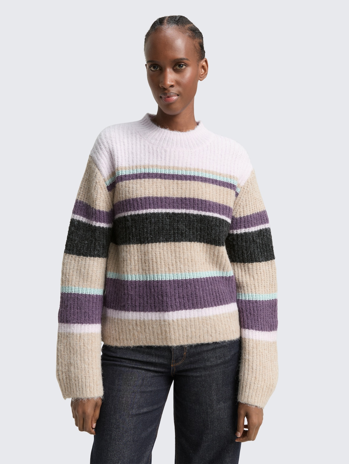 Thumbnail - TOM TAILOR DENIM Damen Relaxed Fit Strickpullover mit Streifenmuster, lila, Gestreift, Gr. S