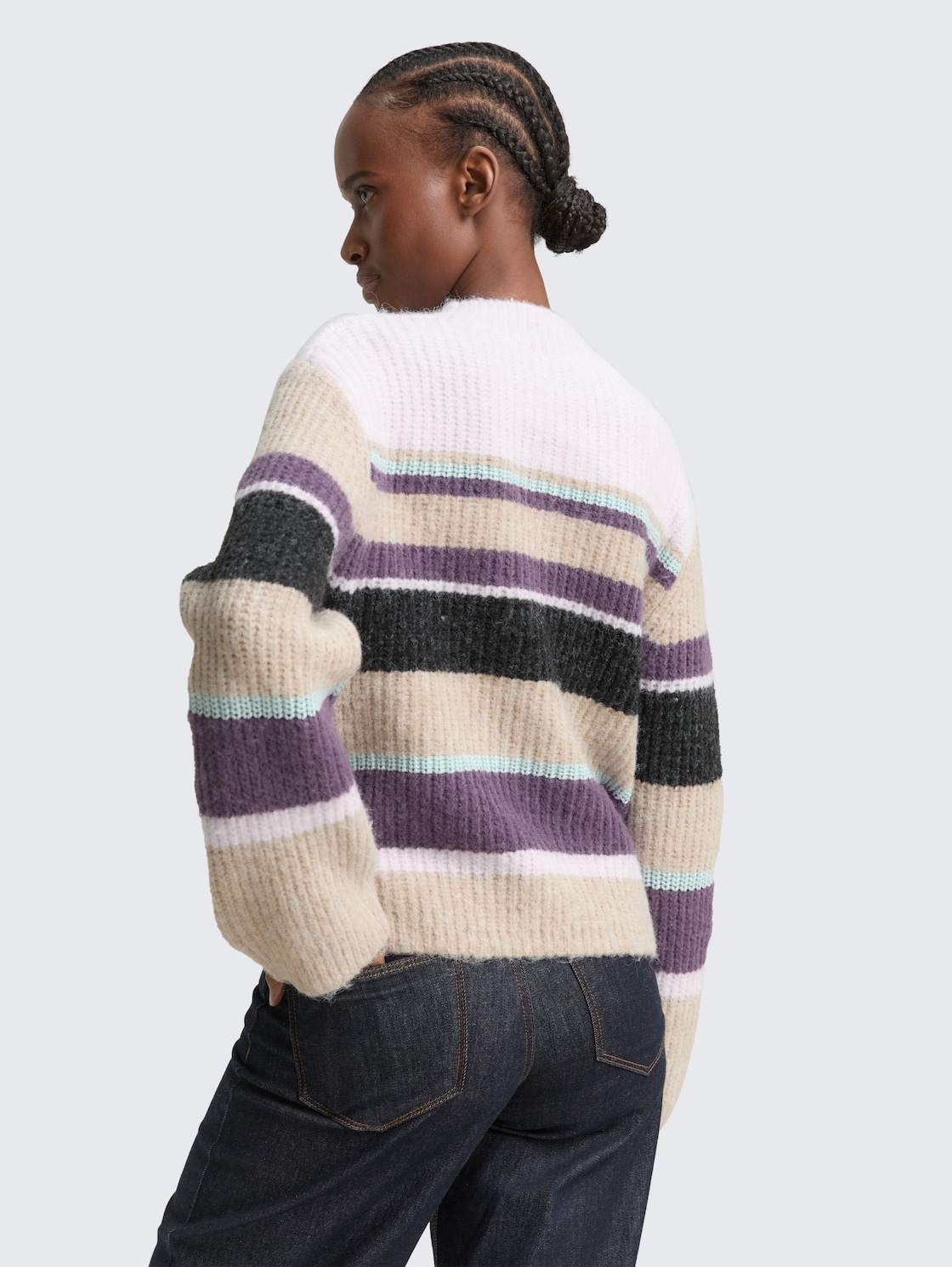Thumbnail - TOM TAILOR DENIM Damen Relaxed Fit Strickpullover mit Streifenmuster, lila, Gestreift, Gr. S