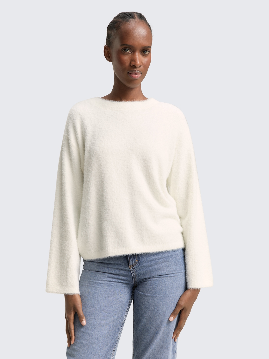 Thumbnail - TOM TAILOR DENIM Damen Strickpullover aus Federgarn, weiß, Uni, Gr. XL