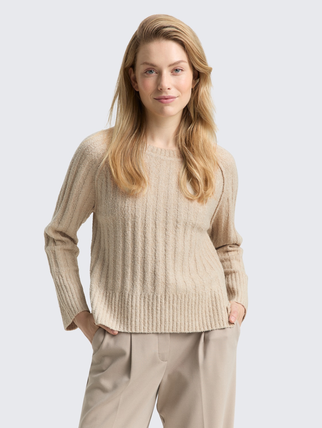 Thumbnail - TOM TAILOR Damen Bouclé Strickpullover mit Wollanteil, beige, Meliert, Gr. S