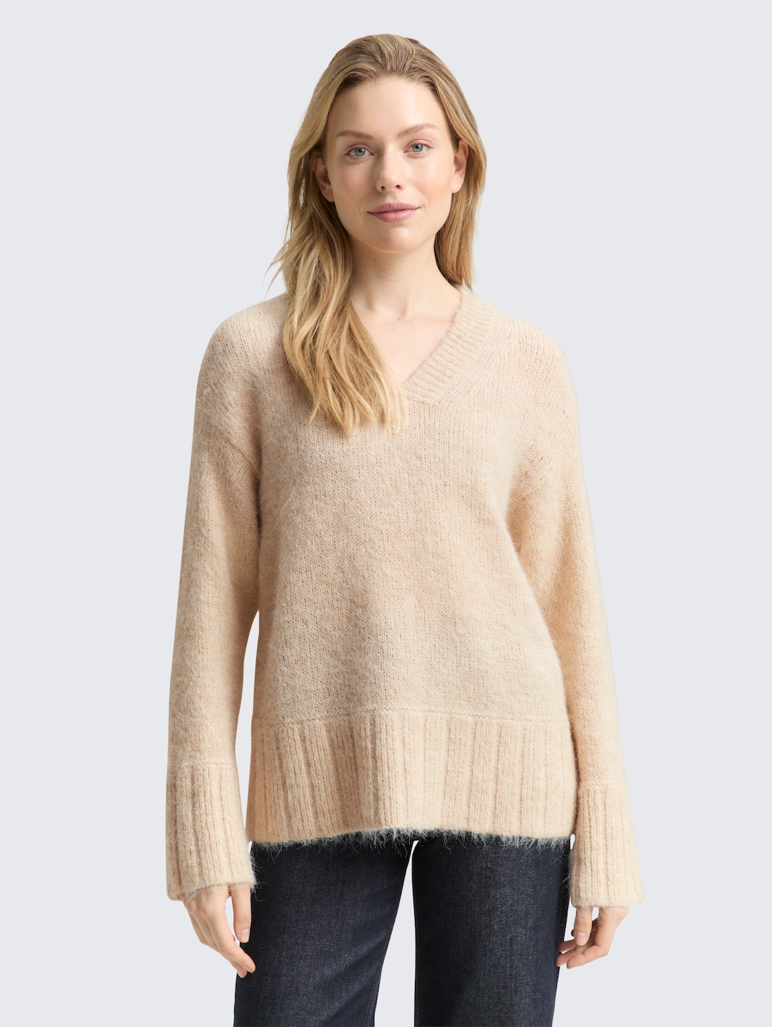 Thumbnail - TOM TAILOR Damen Oversize Strickpullover mit Wollanteil, beige, Meliert, Gr. S
