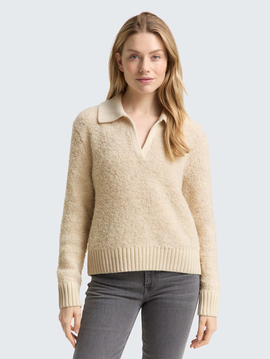 Thumbnail - TOM TAILOR Damen Bouclé Strickpullover mit Kragen, beige, Meliert, Gr. XL
