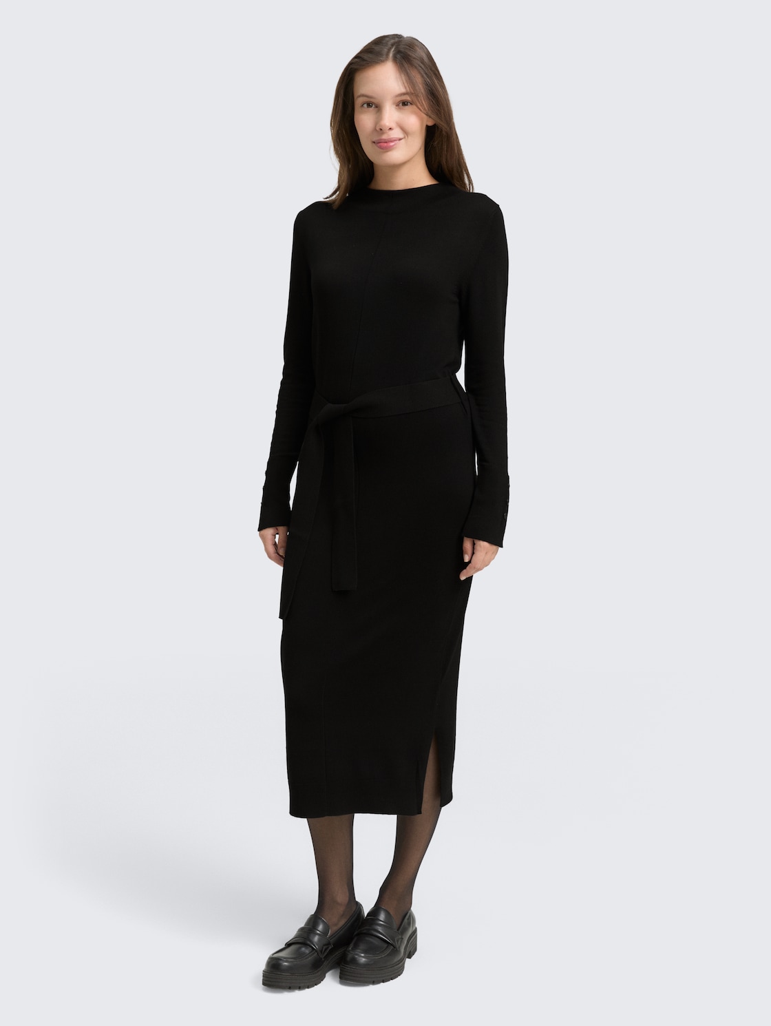 Thumbnail - TOM TAILOR Damen Fitted Midi-Kleid mit Gürtel, schwarz, Uni, Gr. 34