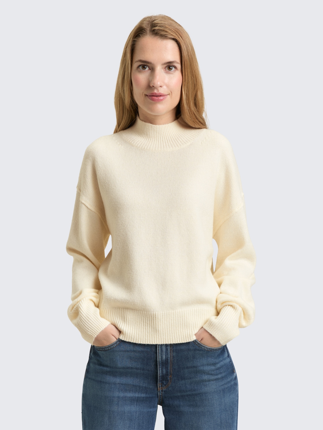 Thumbnail - TOM TAILOR Damen Oversize Strickpullover mit Stehkragen, weiß, Uni, Gr. L