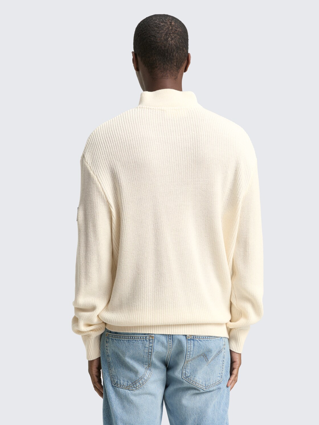Thumbnail - TOM TAILOR DENIM Herren Relaxed Fit Troyer Strickpullover, weiß, Uni, Gr. S