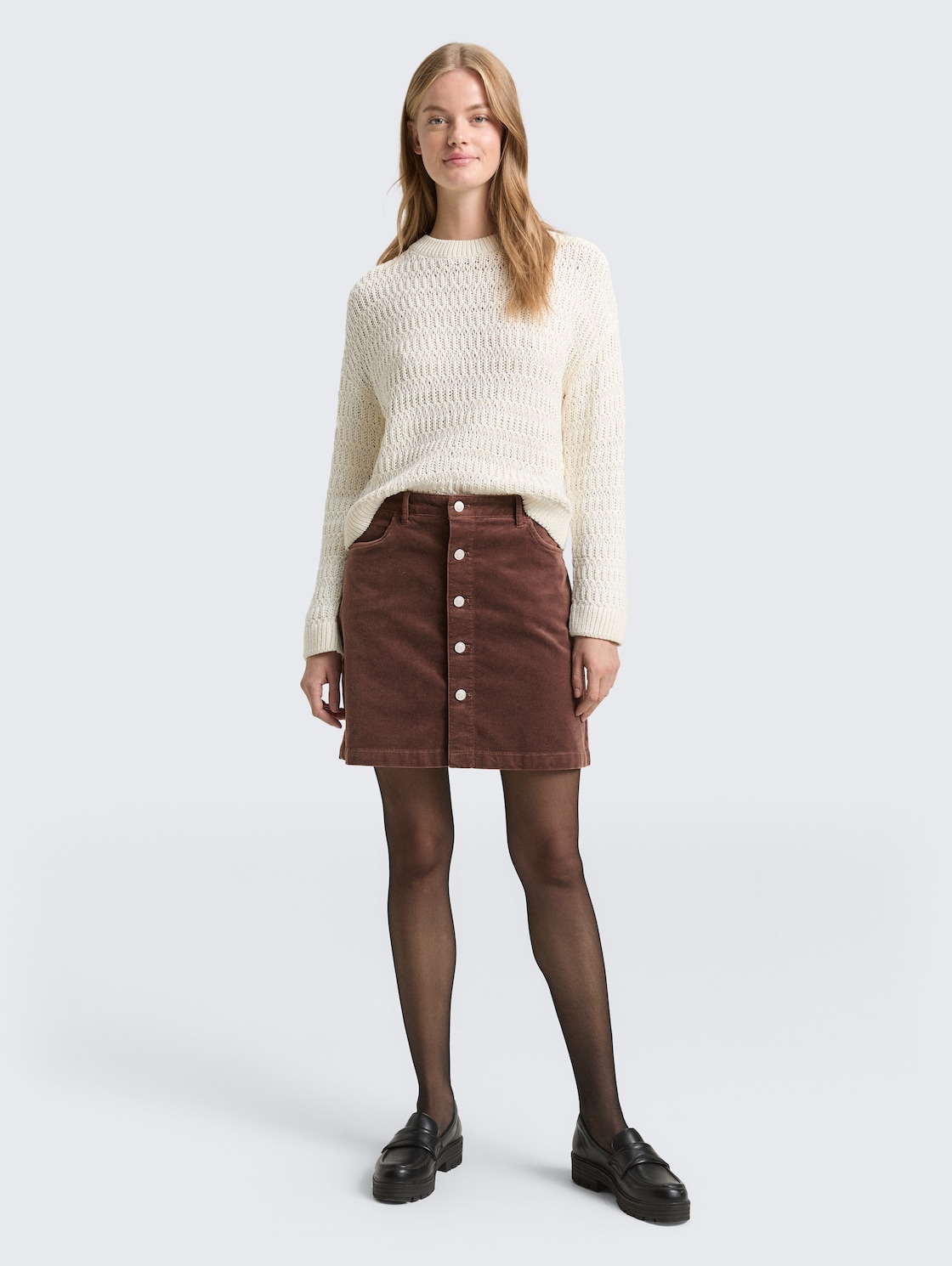 Thumbnail - TOM TAILOR DENIM Damen Mini-Rock aus Samt mit Knopfleiste, braun, Uni, Gr. XL