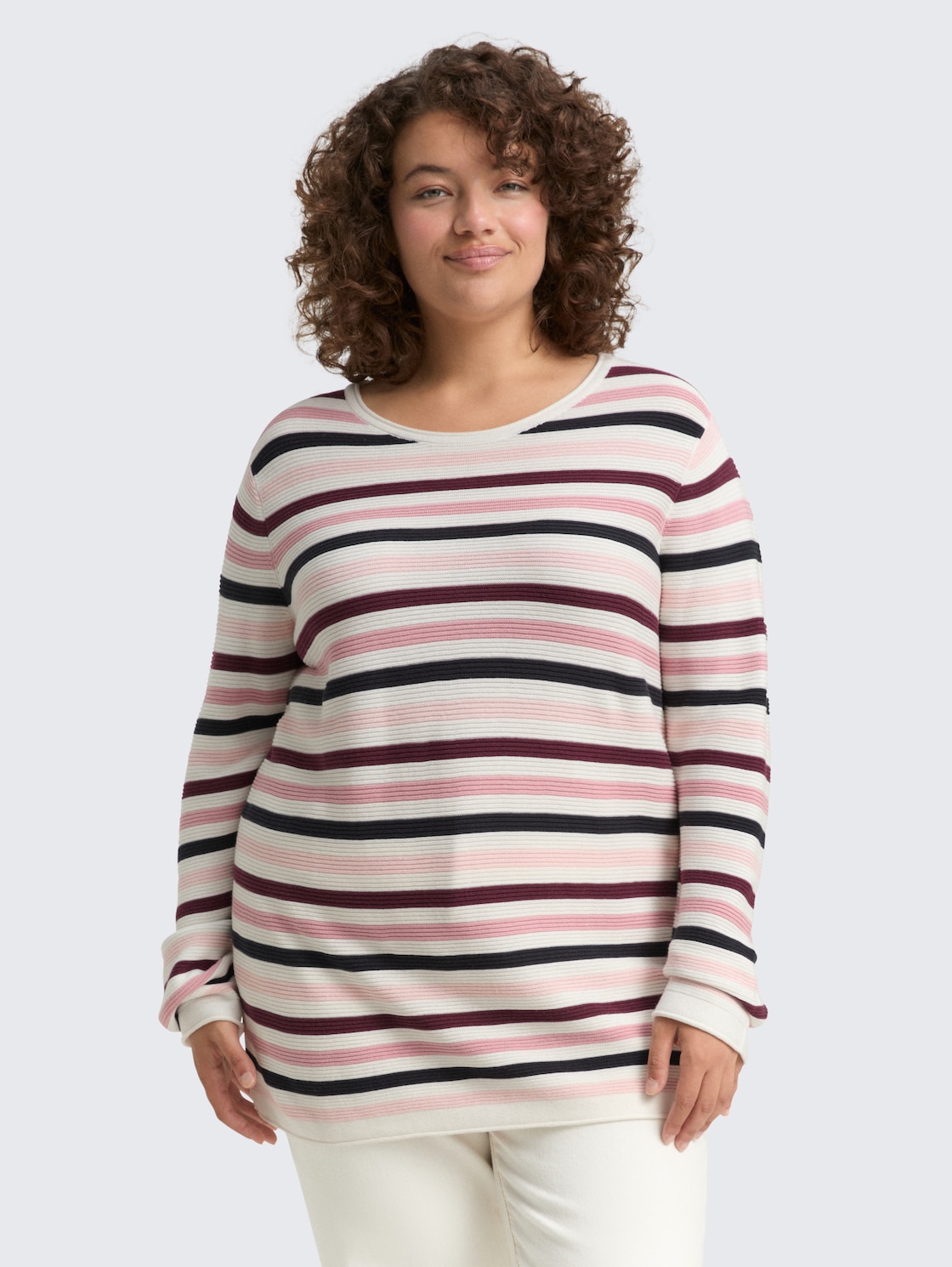 Thumbnail - TOM TAILOR Damen Plus Size - Strickpullover aus Bio-Baumwolle, rosa, Gestreift, Gr. 48
