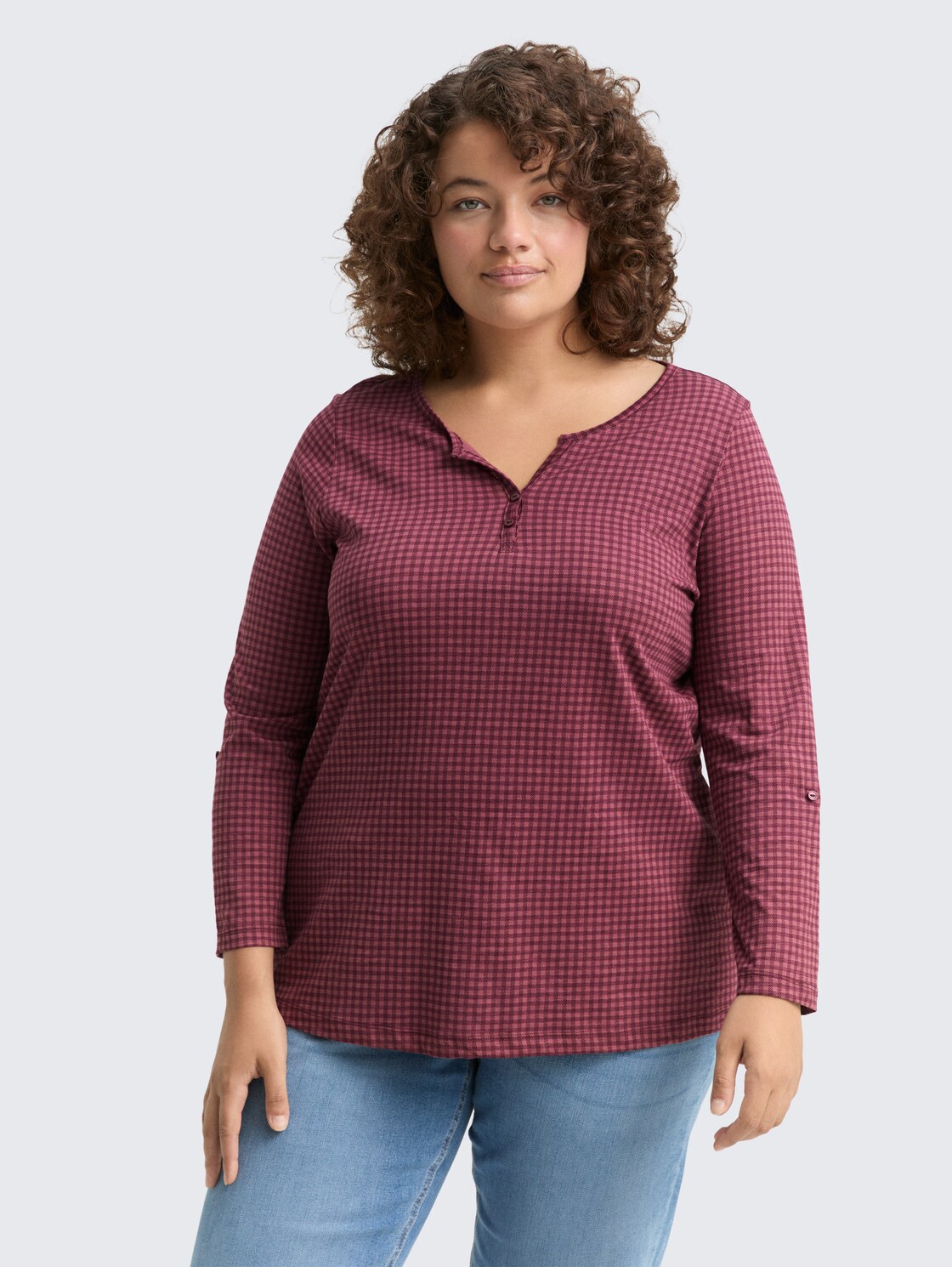 Thumbnail - TOM TAILOR Damen Plus Size - Henley Blusenshirt mit Muster, rot, Gemustert, Gr. 48