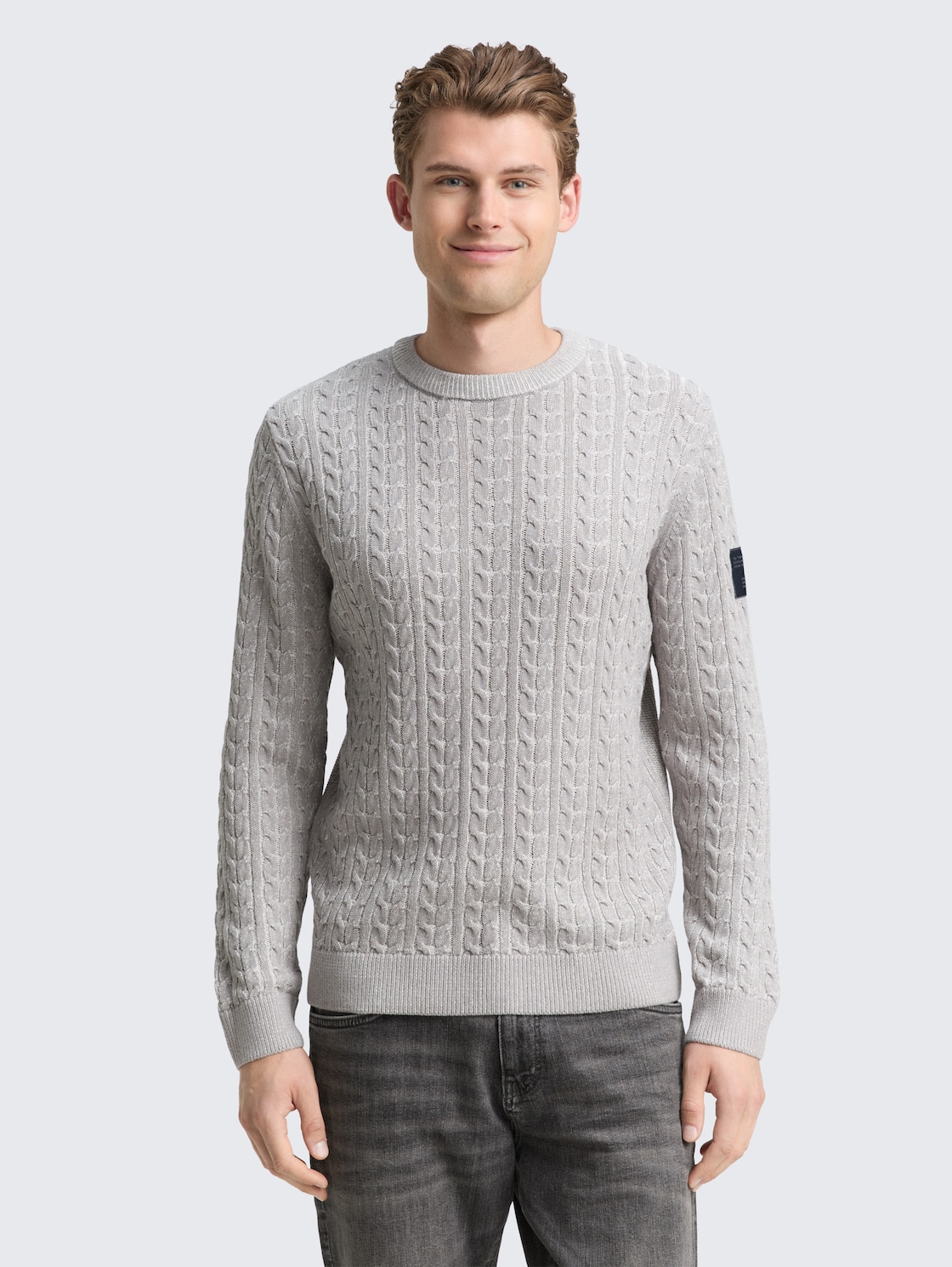 Thumbnail - TOM TAILOR Herren Strickpullover mit Zopfmuster, grau, Meliert, Gr. M