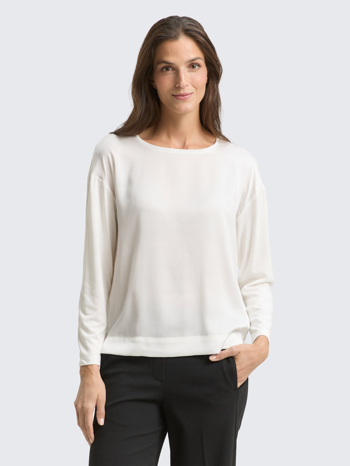 Thumbnail - TOM TAILOR Damen Loose Fit Langarmshirt im Material-Mix, weiß, Uni, Gr. XXXL