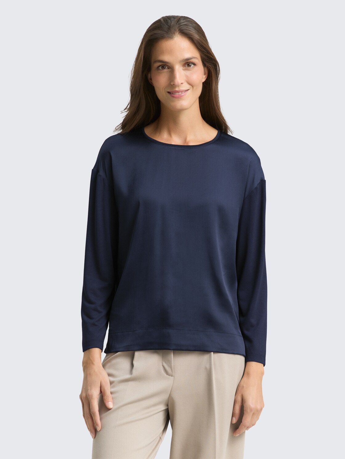 Thumbnail - TOM TAILOR Damen Loose Fit Langarmshirt im Material-Mix, blau, Uni, Gr. M