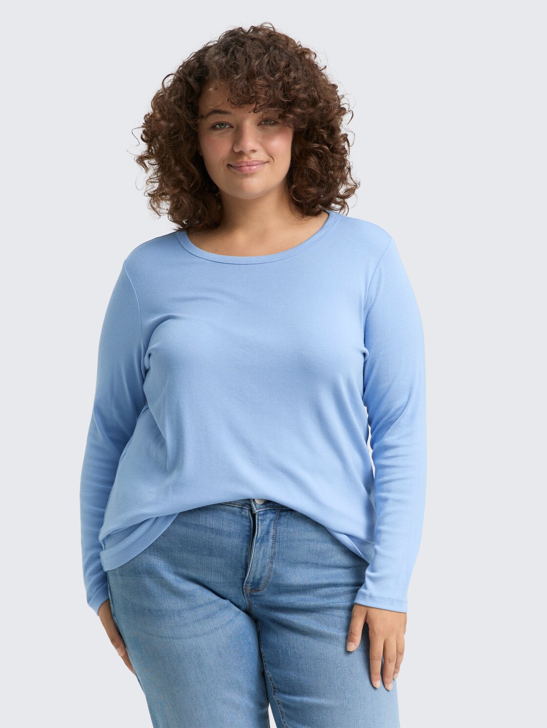 Thumbnail - TOM TAILOR Damen Plus Size - Basic Slim Fit Langarmshirt, blau, Uni, Gr. 50
