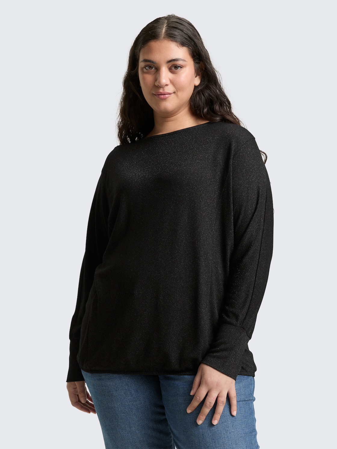 Thumbnail - TOM TAILOR Damen Plus Size - Loose Fit Langarmshirt mit Glitzer-Effekt, schwarz, Uni, Gr. 50