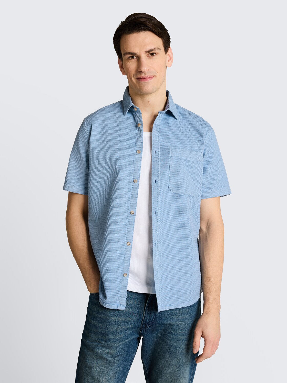 Thumbnail - TOM TAILOR Herren Regular Fit Kurzarmhemd mit Waffelstruktur, blau, Uni, Gr. S