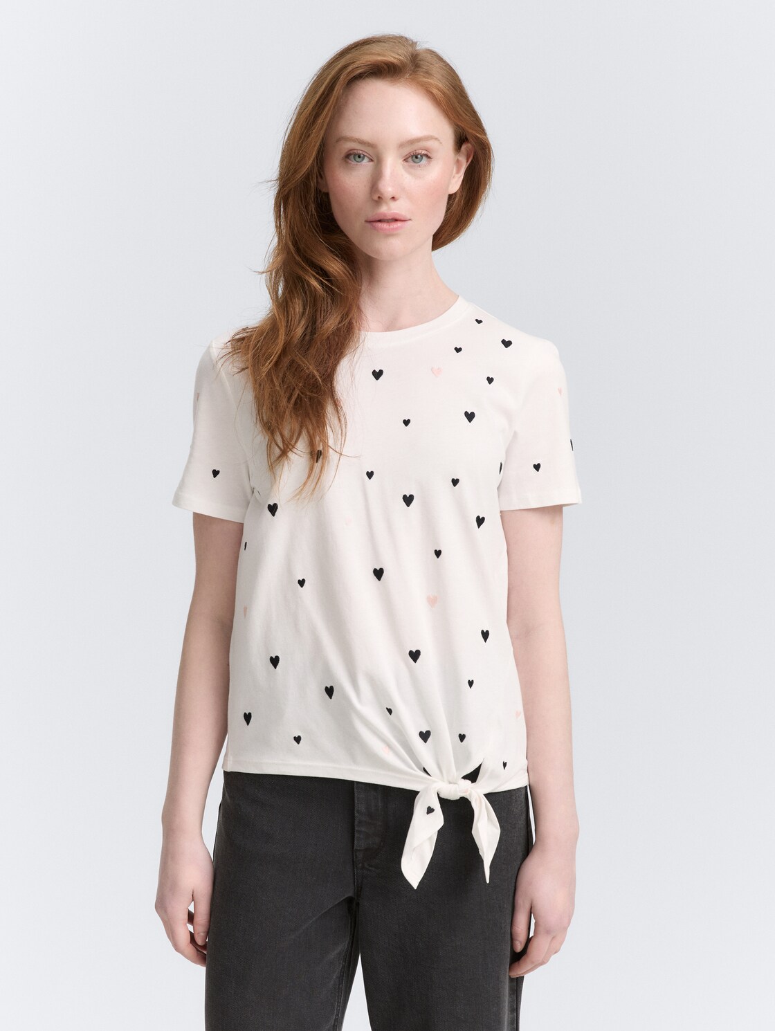 Thumbnail - TOM TAILOR DENIM Damen T-Shirt mit Herz-Stickerei, weiß, Gemustert, Gr. M
