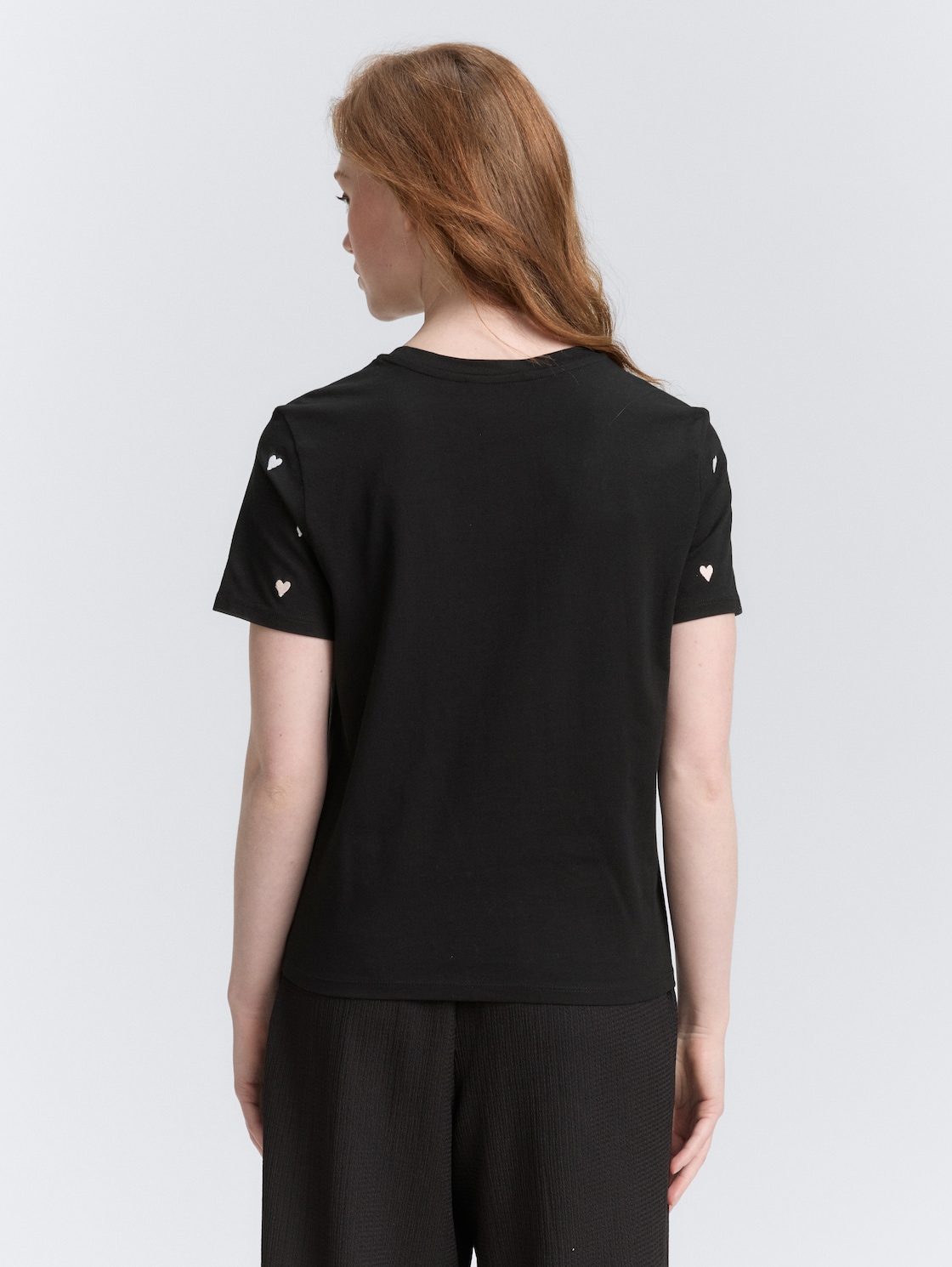 Thumbnail - TOM TAILOR DENIM Damen T-Shirt mit Herz-Stickerei, schwarz, Gemustert, Gr. M