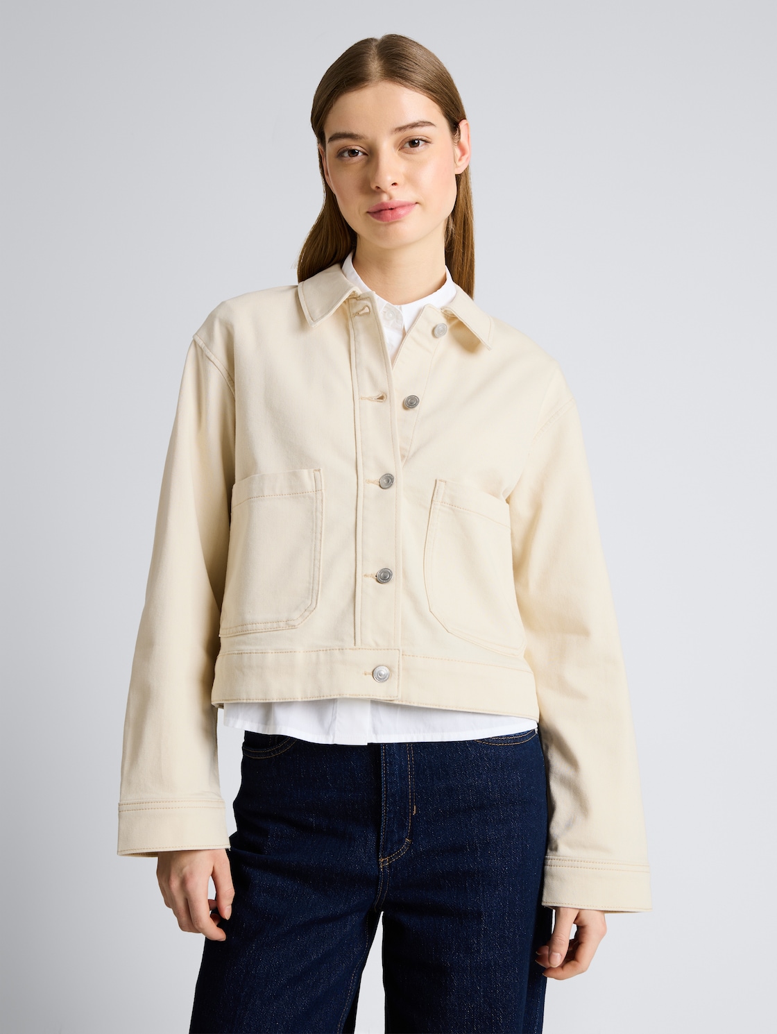 Thumbnail - TOM TAILOR DENIM Damen Jeansjacke mit aufgesetzten Taschen, weiß, Uni, Gr. S