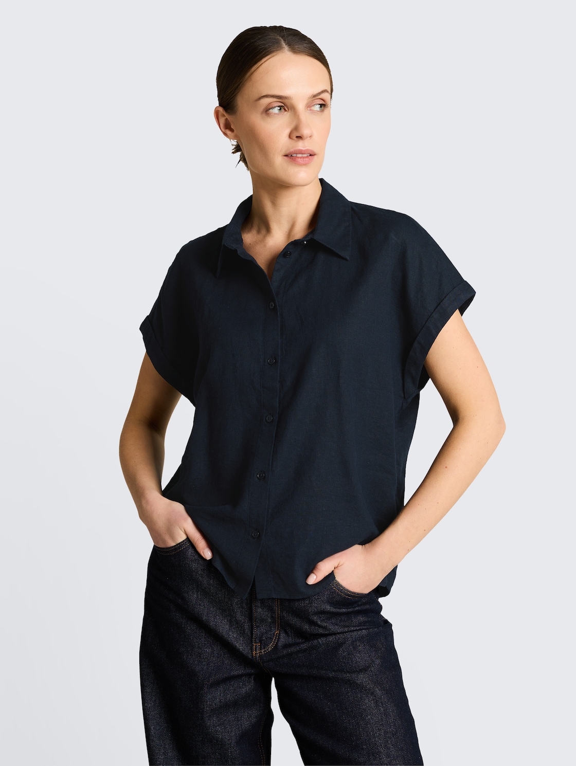 Thumbnail - TOM TAILOR Damen Loose Fit Bluse mit Leinenanteil, blau, Uni, Gr. 42