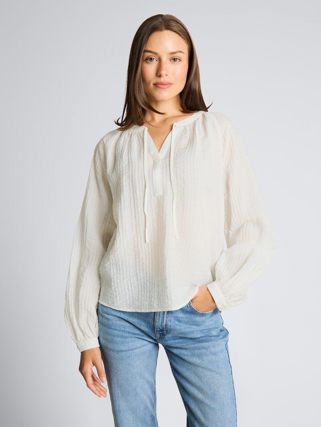 Thumbnail - TOM TAILOR Damen Crinkle Bluse mit Bindeband, weiß, Uni, Gr. 36