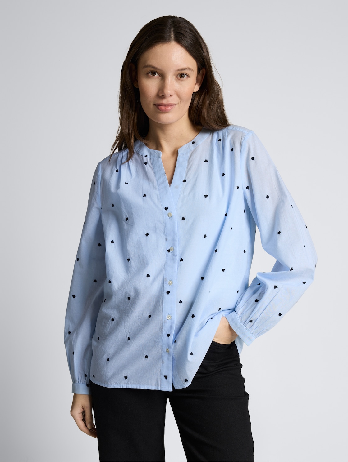 Thumbnail - TOM TAILOR Damen Bluse mit Herz-Stickerei, blau, Gemustert, Gr. 46