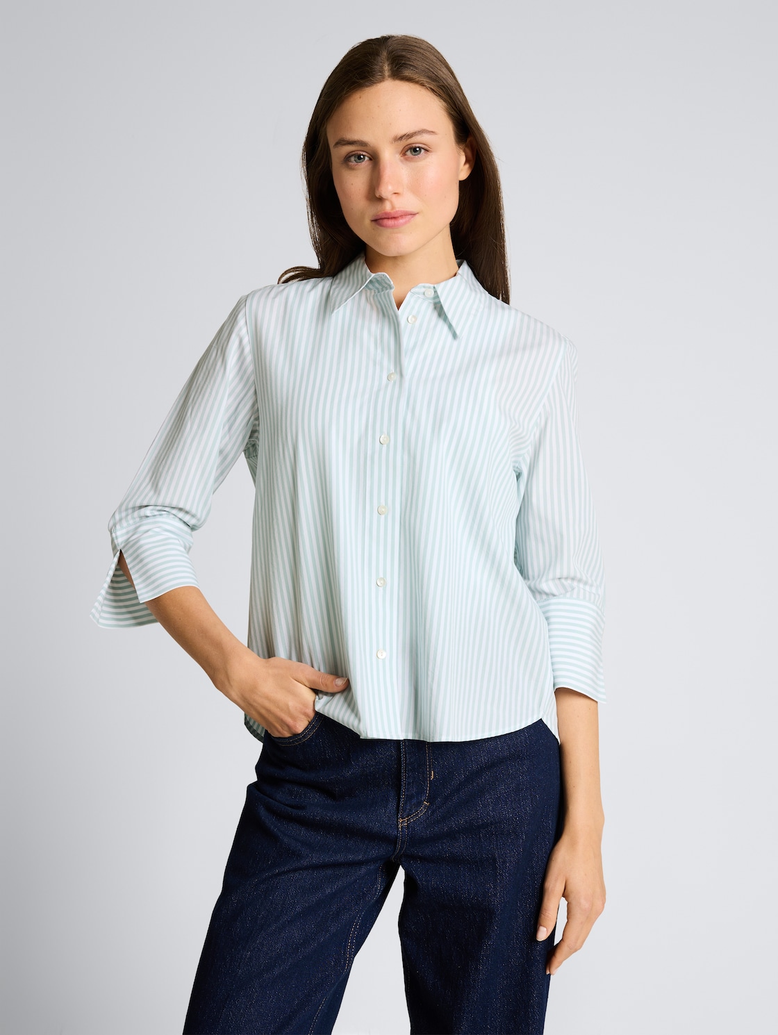 Thumbnail - TOM TAILOR Damen Popeline Hemdbluse mit 3/4-Arm, grün, Gestreift, Gr. 38