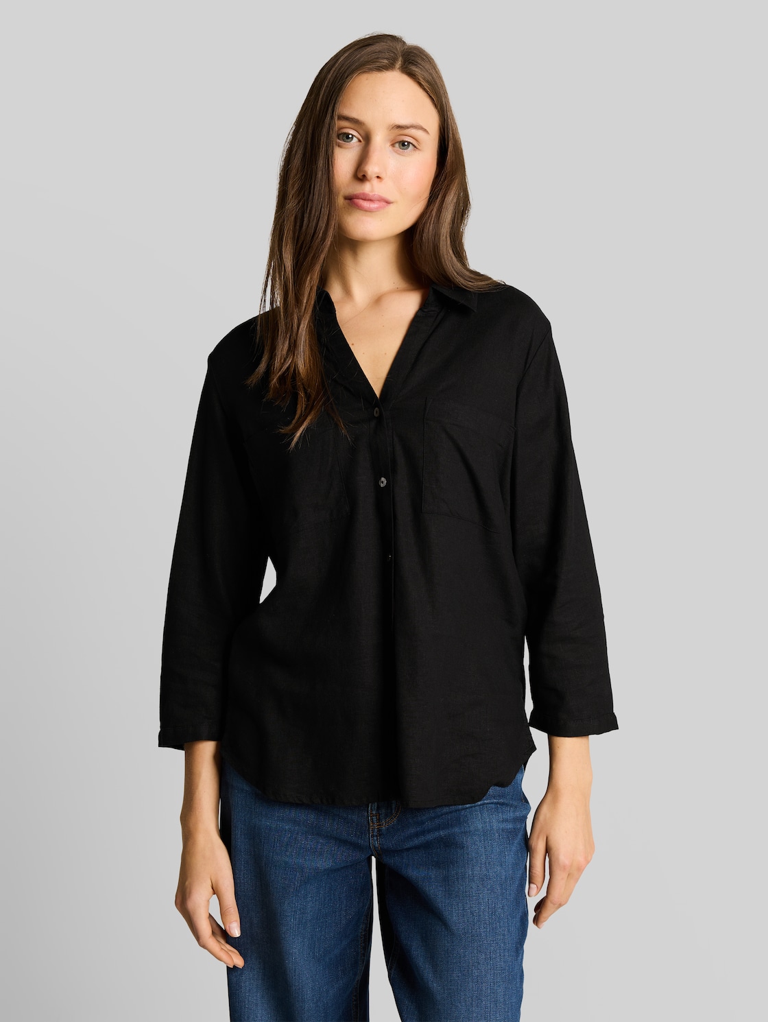  Tom Tailor Damen Hemdbluse Mit Leinenanteil, Schwarz, Uni, Gr. 36 
