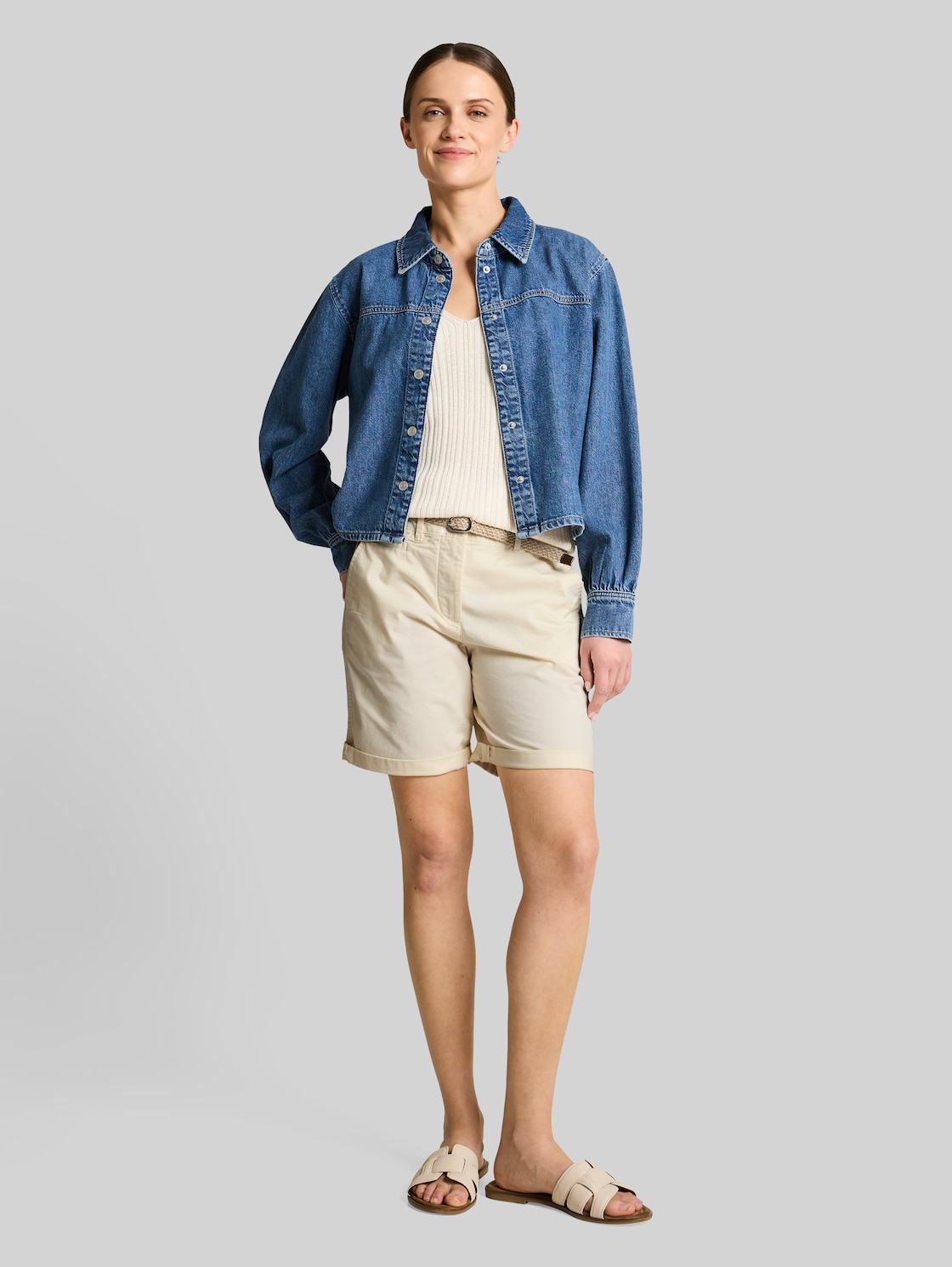  Tom Tailor Damen Chino Bermuda Shorts Mit Gürtel, Weiß, Uni, Gr. 36 