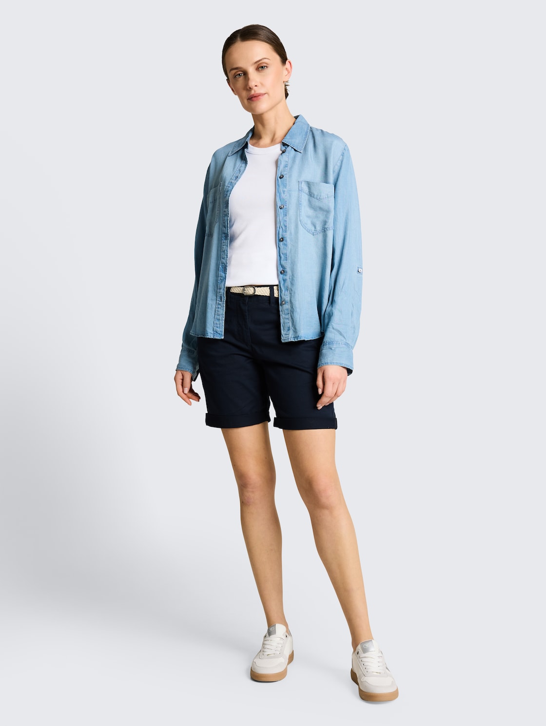 Thumbnail - TOM TAILOR Damen Chino Bermuda Shorts mit Gürtel, blau, Uni, Gr. 38