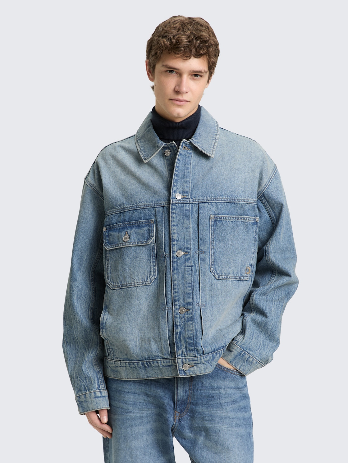 Thumbnail - TOM TAILOR DENIM Herren Relaxed Fit Jeansjacke mit Eingriffstaschen, blau, Uni, Gr. XXL