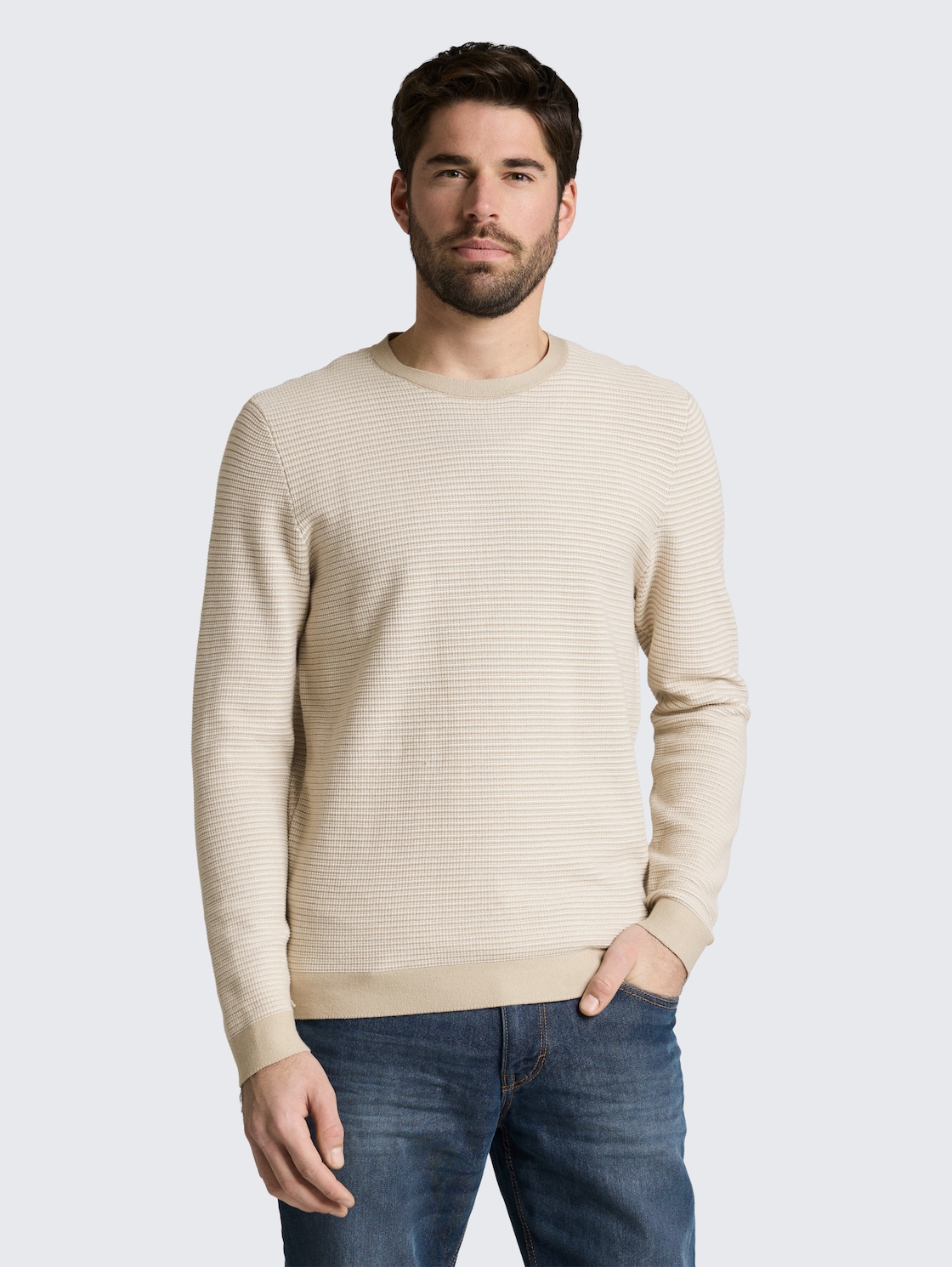 Thumbnail - TOM TAILOR Herren Strickpullover aus Baumwolle, beige, Gestreift, Gr. XL