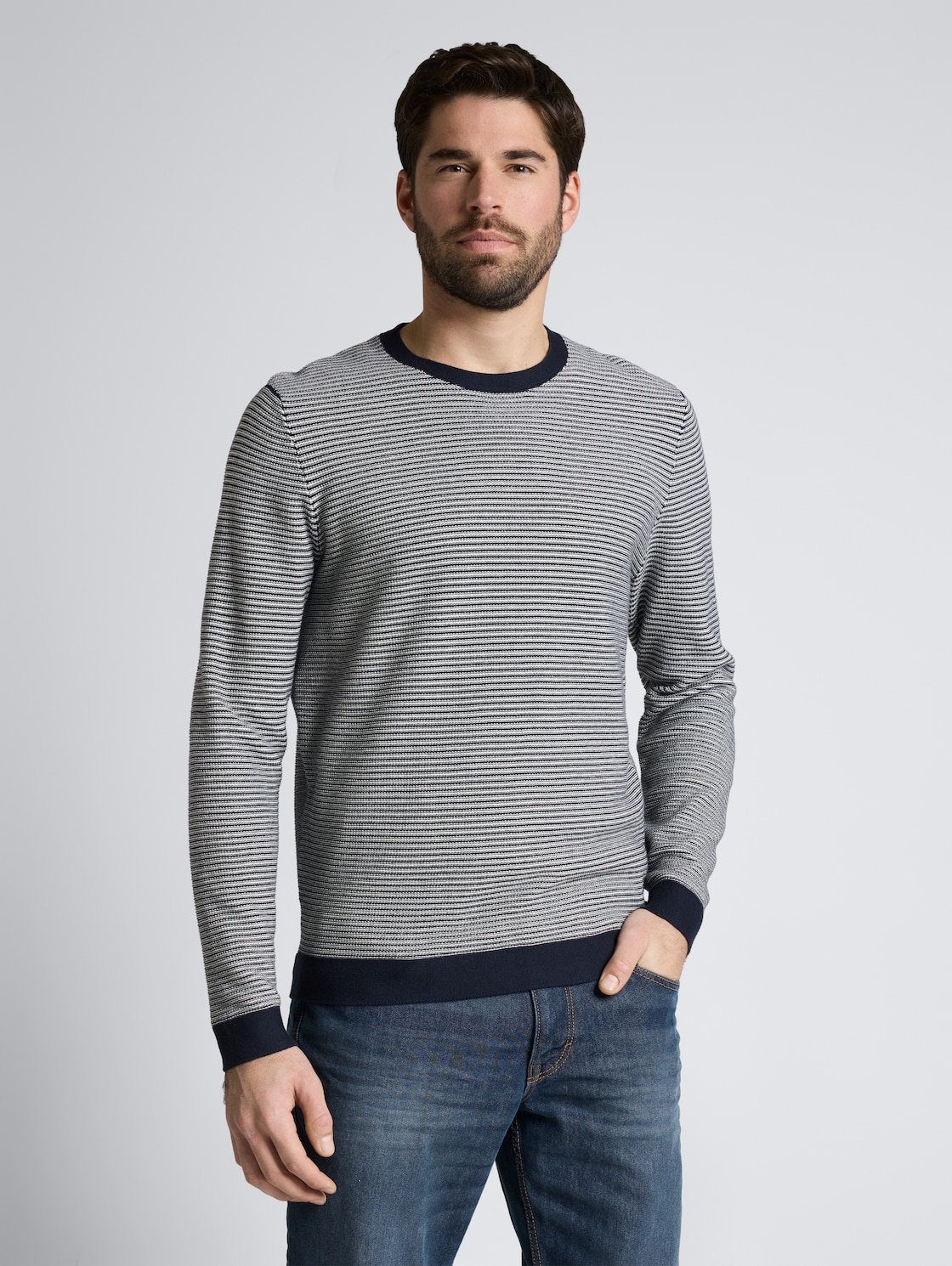 Thumbnail - TOM TAILOR Herren Strickpullover aus Baumwolle, blau, Gestreift, Gr. XL