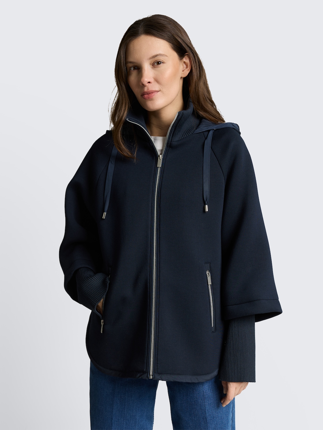 Thumbnail - TOM TAILOR Damen Scuba Cape Jacke mit Kapuze, blau, Uni, Gr. L