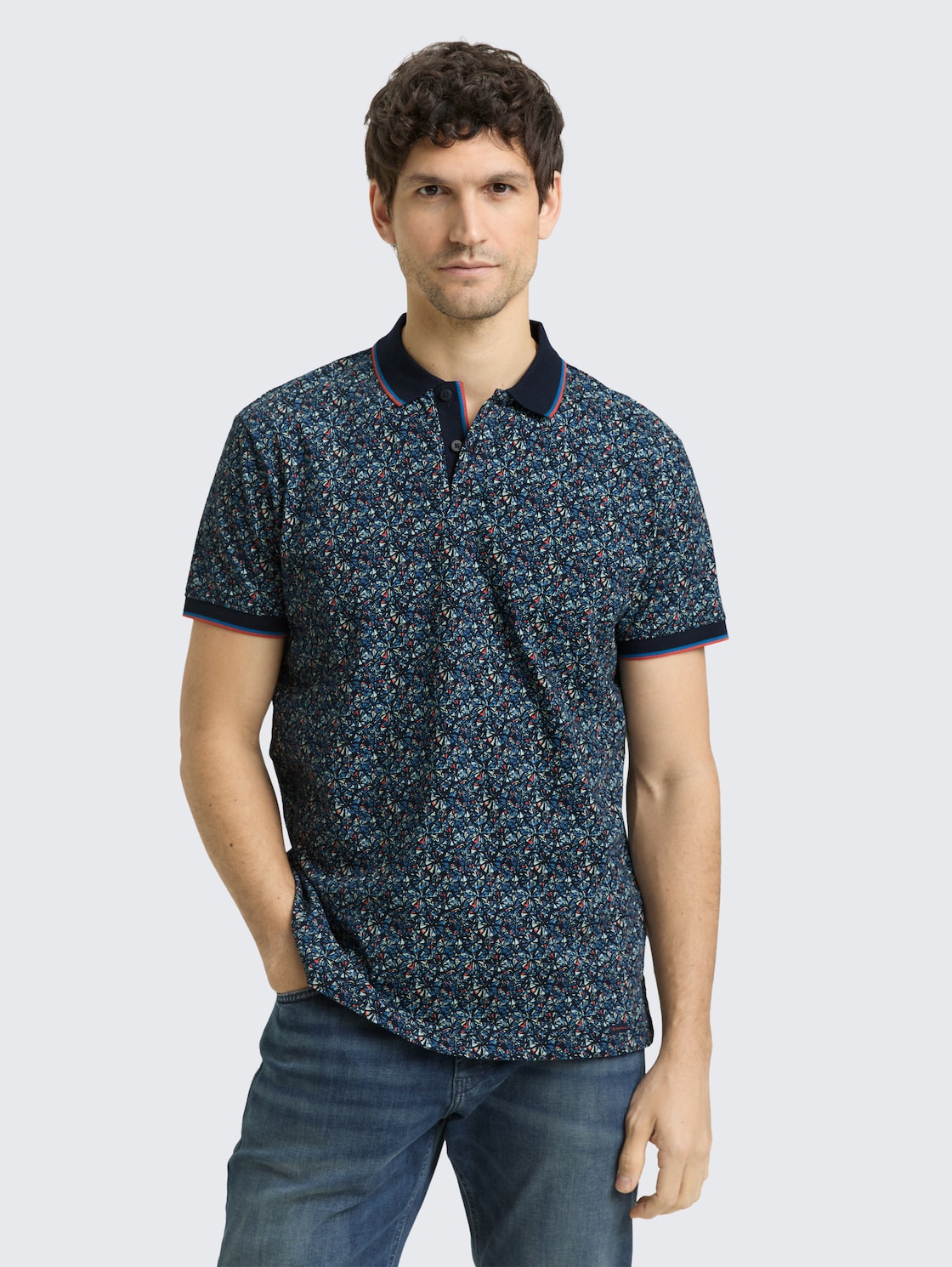 Thumbnail - TOM TAILOR Herren Fitted Poloshirt mit Allover-Print, blau, Gemustert, Gr. L