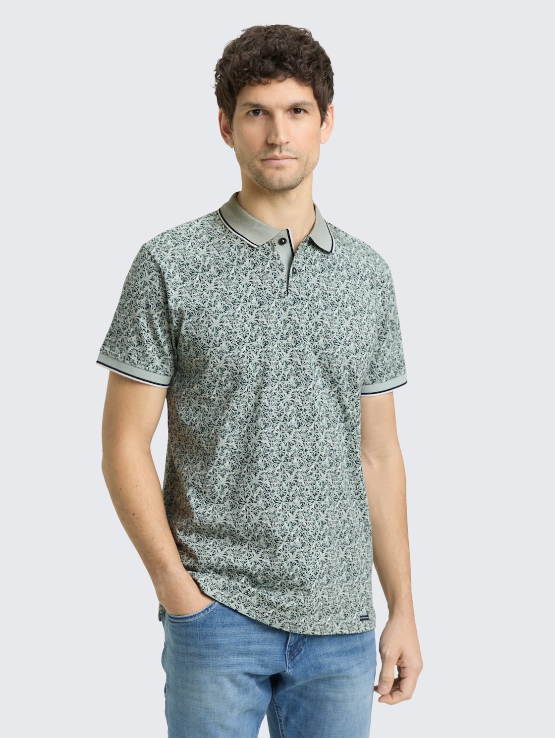 Thumbnail - TOM TAILOR Herren Fitted Poloshirt mit Allover-Print, grün, Gemustert, Gr. M