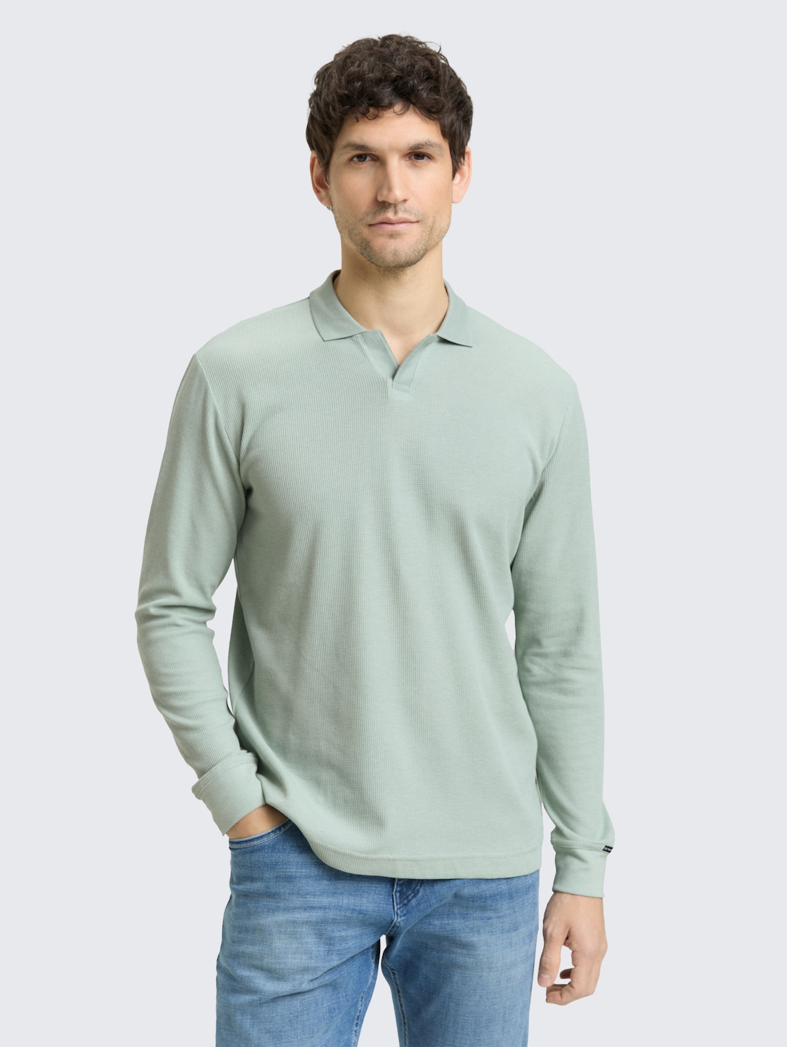 Thumbnail - TOM TAILOR Herren Langarm Poloshirt mit Waffelstruktur, grün, Uni, Gr. S