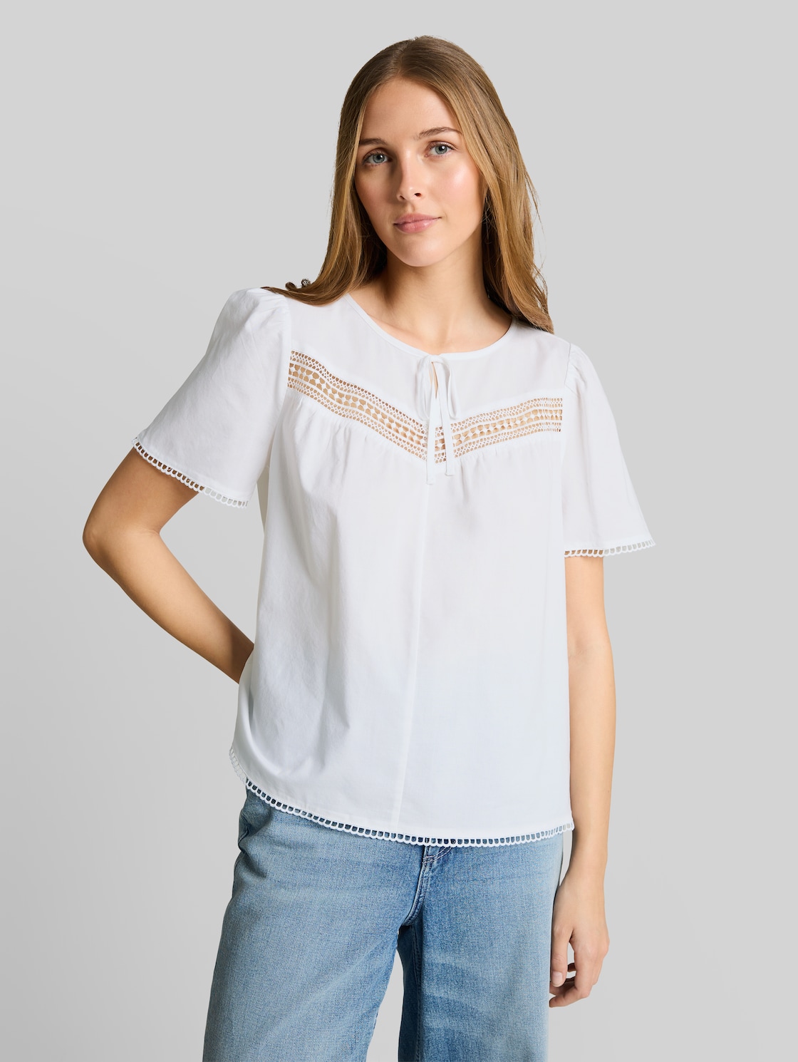  Tom Tailor Denim Damen Bluse Mit Häkel-details, Weiß, Uni, Gr. Xxl 