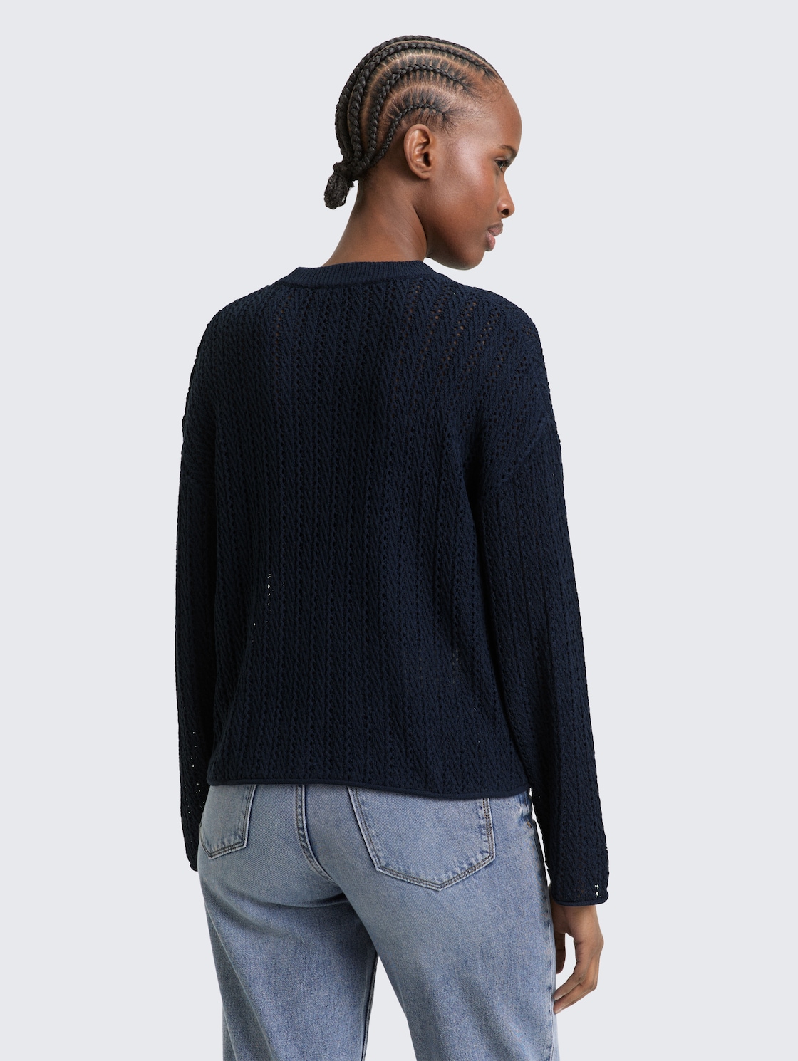 Thumbnail - TOM TAILOR DENIM Damen Relaxed Fit Strickpullover mit Lochmuster, blau, Uni, Gr. XL