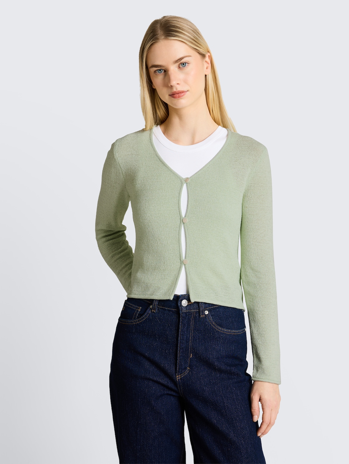 Thumbnail - TOM TAILOR DENIM Damen Cardigan mit V-Ausschnitt, grün, Uni, Gr. XL