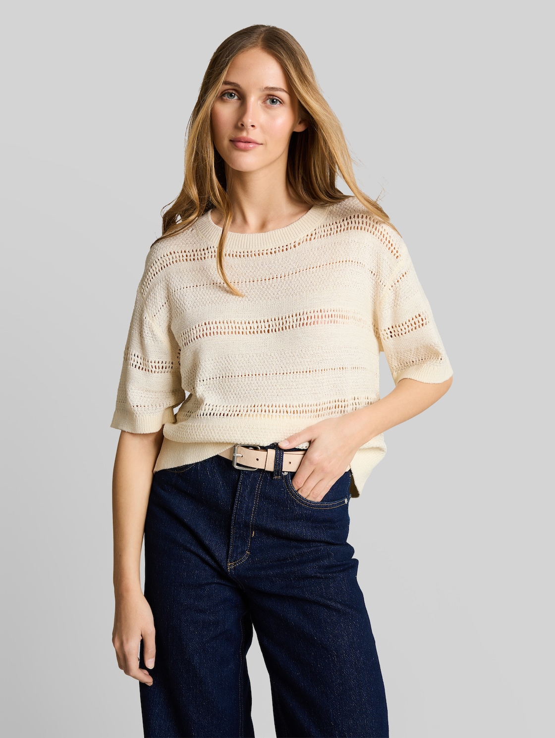  Tom Tailor Denim Damen Relaxed Fit Strickpullover Mit Lochmuster, Braun, Uni, Gr. M 