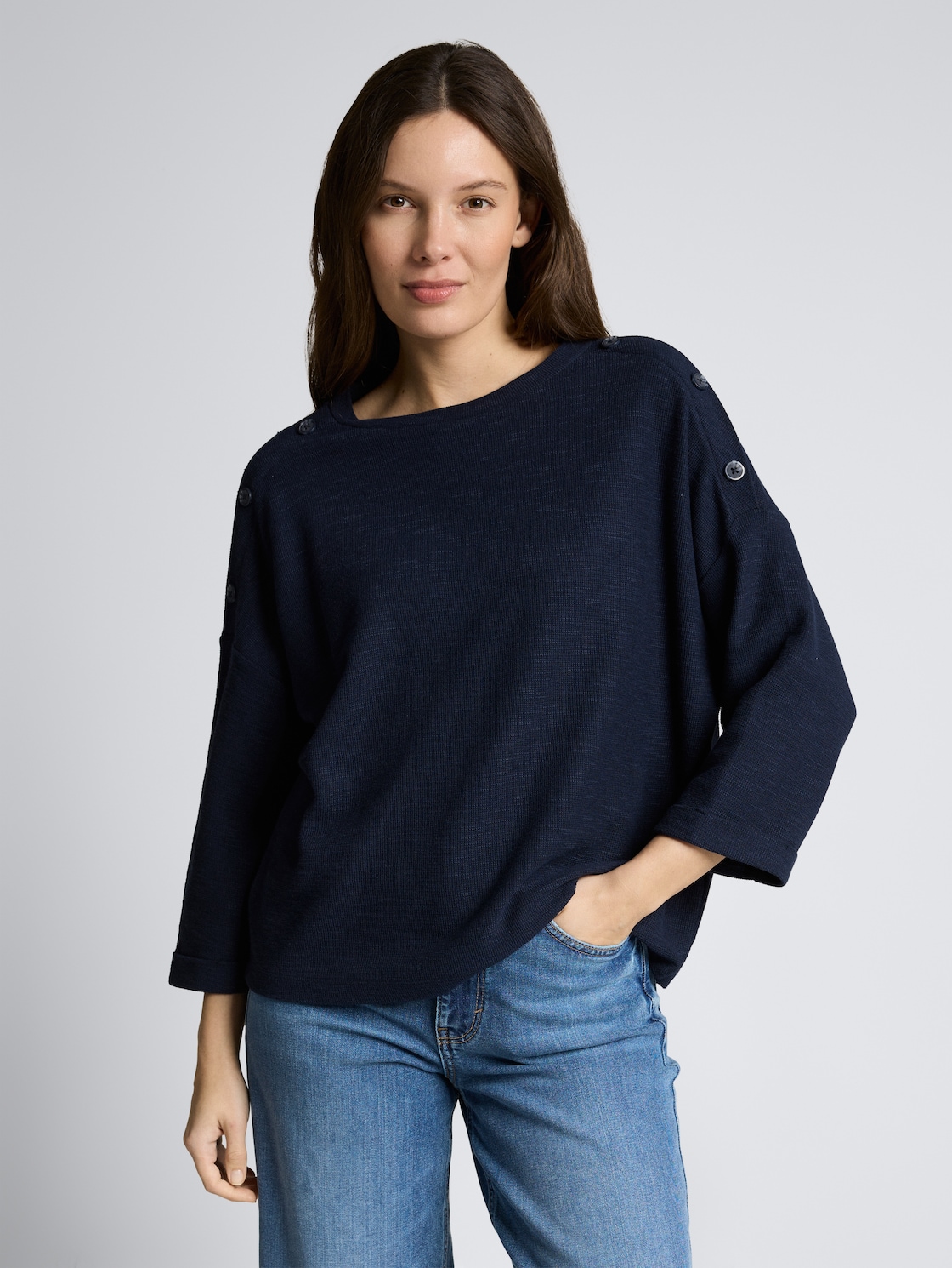 Thumbnail - TOM TAILOR Damen Langarmshirt mit Knopf-Details, blau, Uni, Gr. S