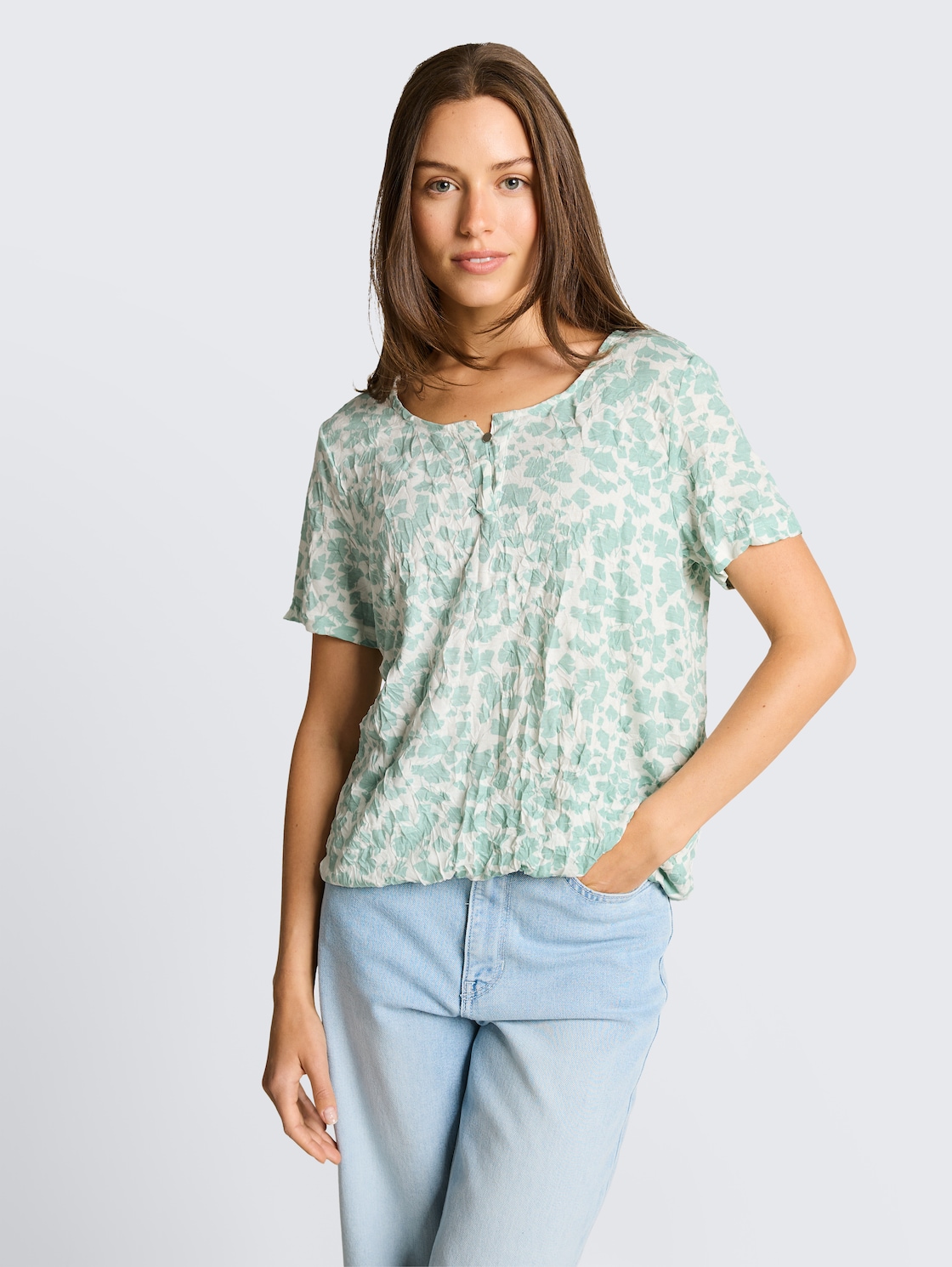 Thumbnail - TOM TAILOR Damen Crinkle T-Shirt mit Muster, grün, Gemustert, Gr. XS