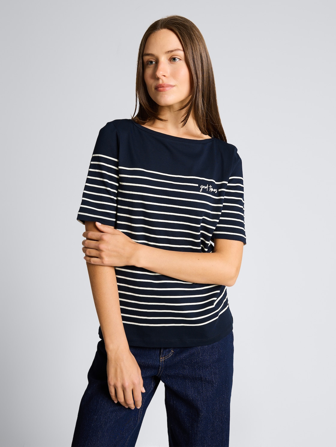 Thumbnail - TOM TAILOR Damen T-Shirt mit Streifenmuster, blau, Uni, Gr. XXL