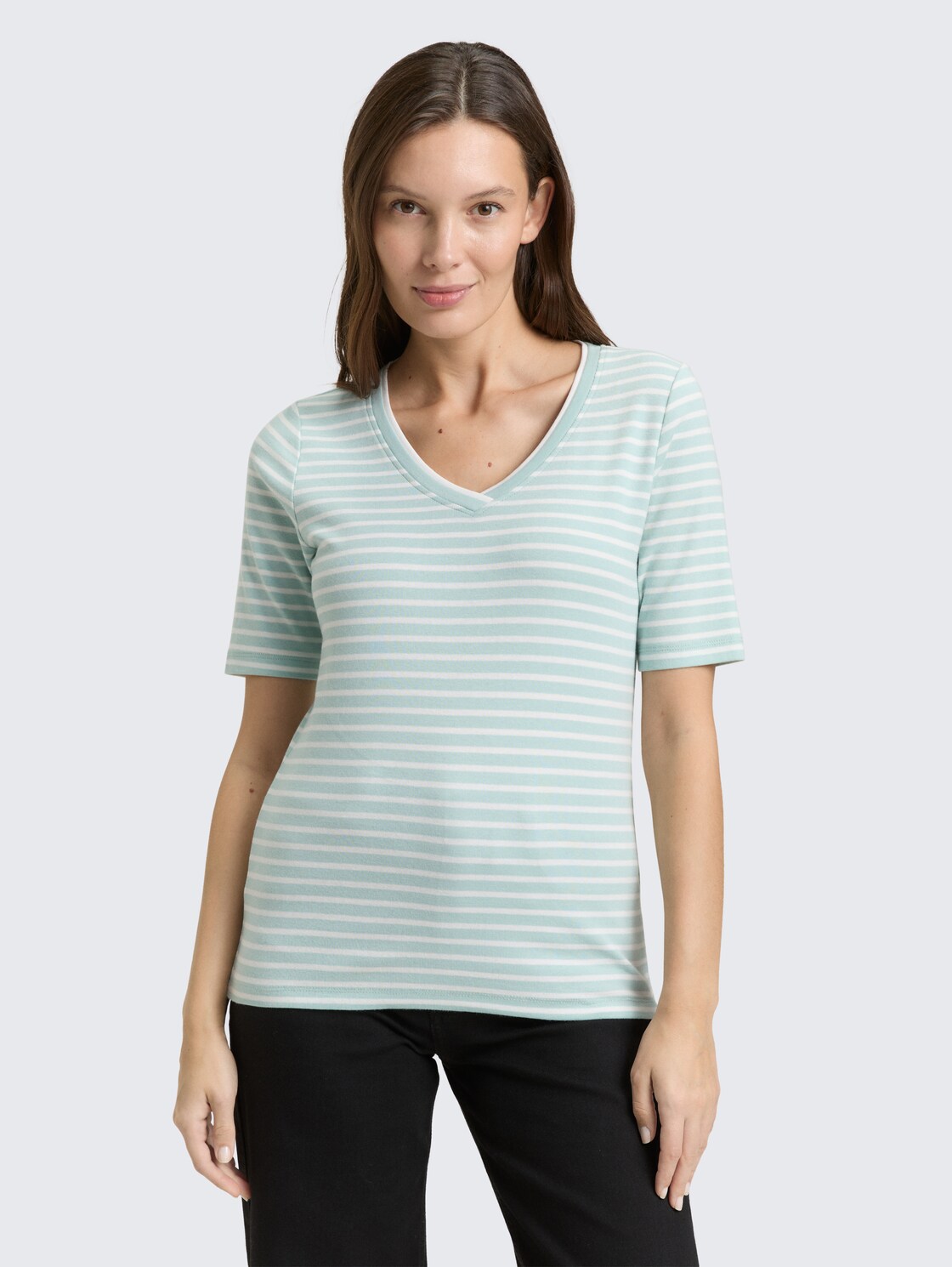 Thumbnail - TOM TAILOR Damen Slim Fit T-Shirt mit V-Ausschnitt, grün, Gestreift, Gr. M