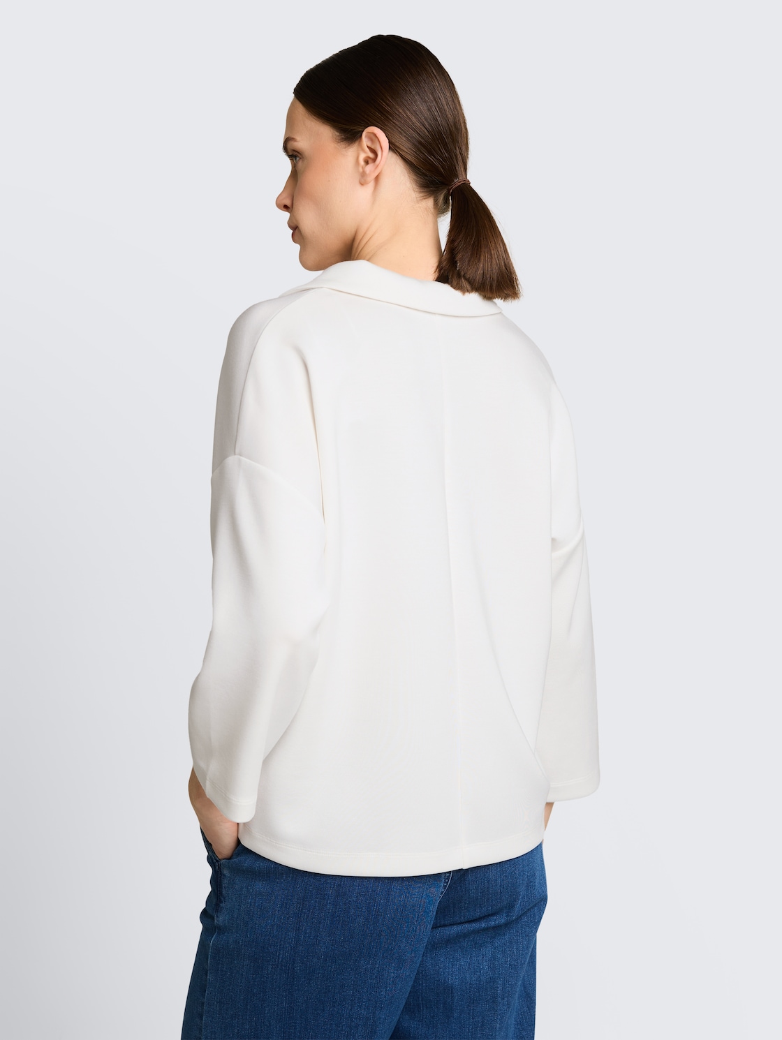 Thumbnail - TOM TAILOR Damen Loose Fit Scuba Langarmshirt mit Polokragen, weiß, Uni, Gr. L