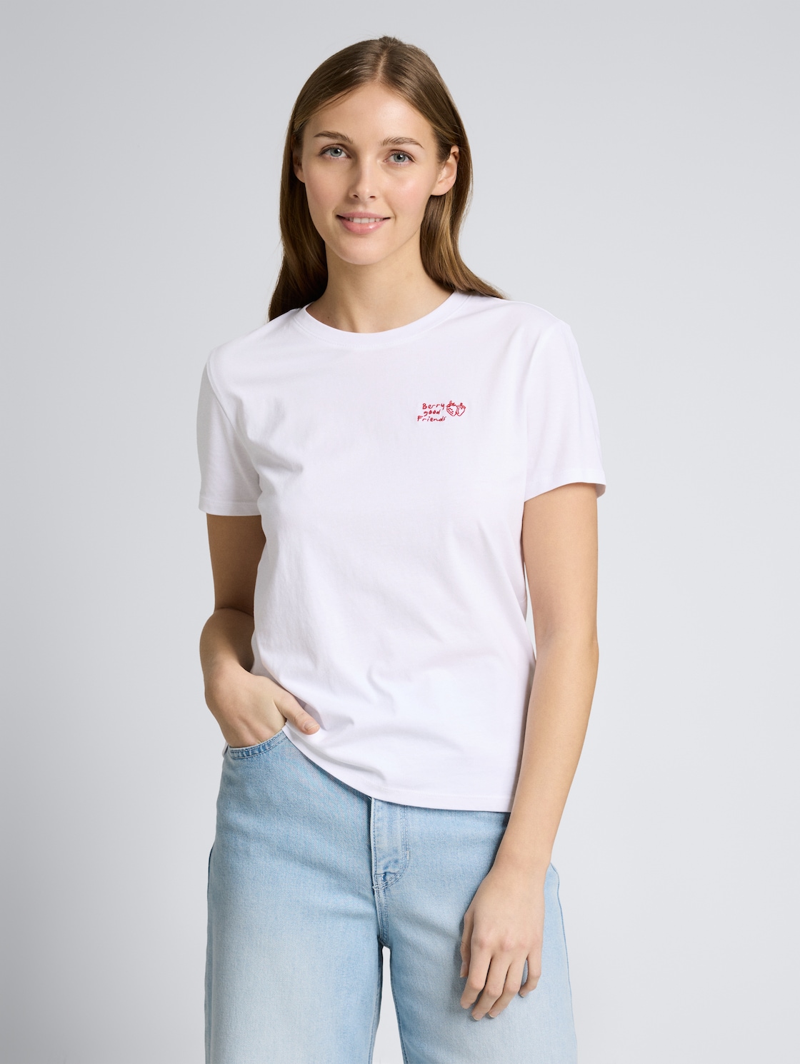 Thumbnail - TOM TAILOR DENIM Damen T-Shirt mit Stickerei, weiß, Uni, Gr. XS