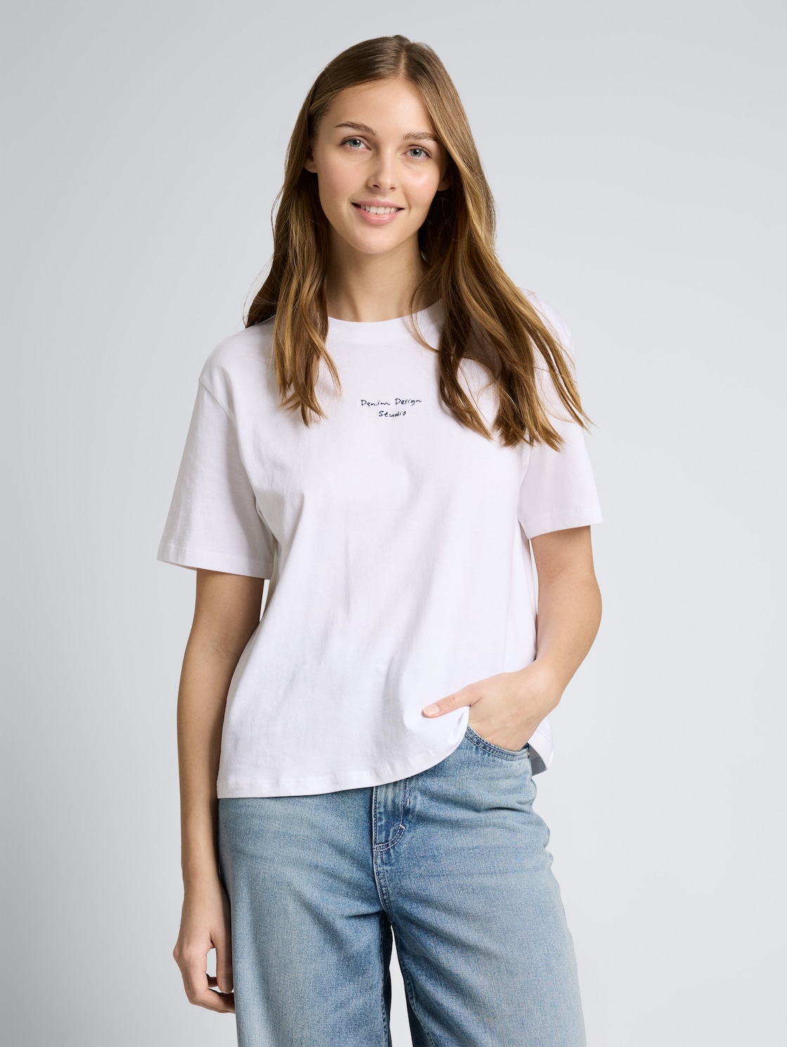 Thumbnail - TOM TAILOR DENIM Damen Boxy Fit T-Shirt mit Stickerei, weiß, Uni, Gr. L