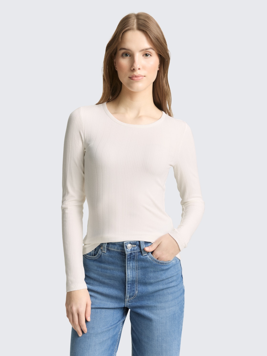 Thumbnail - TOM TAILOR DENIM Damen Slim Fit Langarmshirt mit Rippstruktur, weiß, Uni, Gr. XS