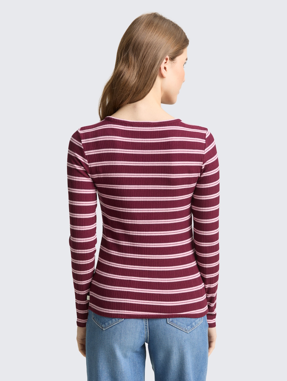Thumbnail - TOM TAILOR DENIM Damen Slim Fit Langarmshirt mit Rippstruktur, rot, Gestreift, Gr. XL